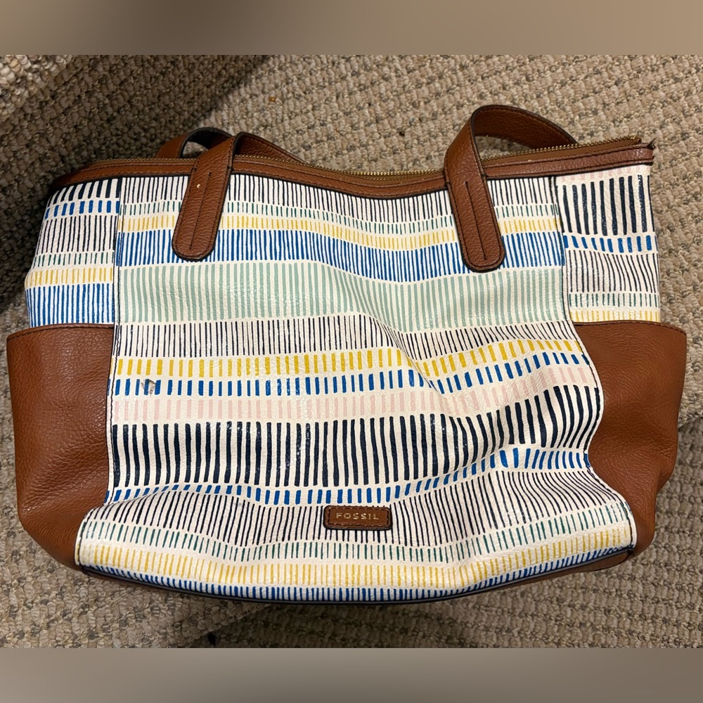 Fossil Brown and Multicolor Striped Tote
